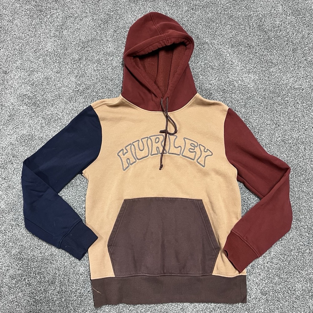 Hurley Men’s Colorblock Pullover Hoodie Tan Burgundy Navy Fleece Size S
